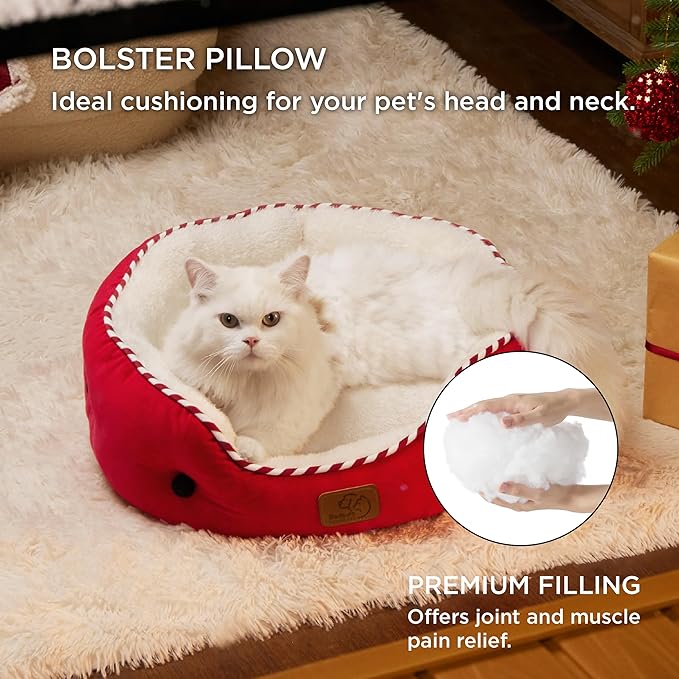 Bedsure Dog Beds for Small Dogs - Round Cat Beds for Indoor Cats, Washable Pet Bed for Puppy and Kitten with Slip-Resistant Bottom, 20 Inches, Antique Red