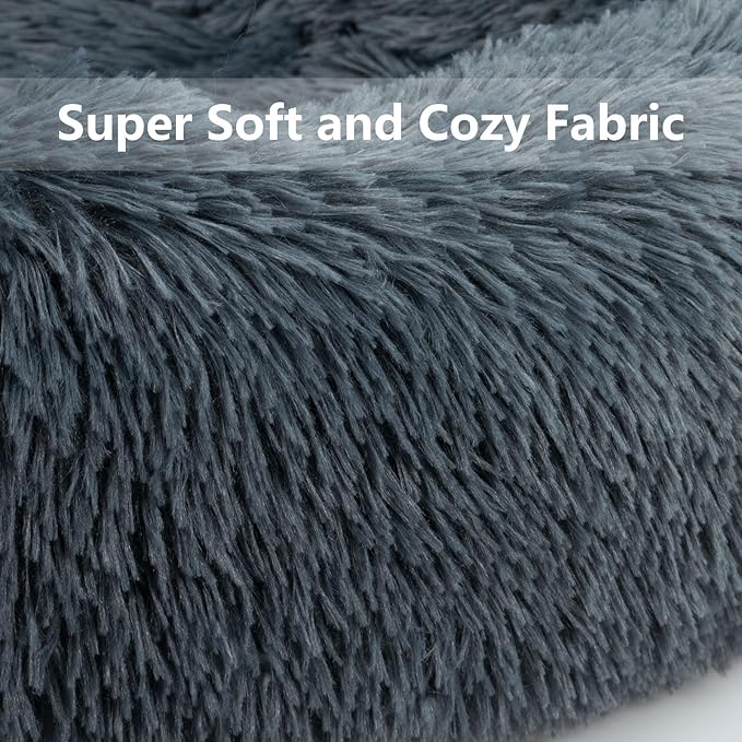 Dog Bed, Fluffy Round Pet Bed Non-Slip, Calming Soft Plush Donut Cuddler for Indoor Small Dogs Kittens, 15 inches Cat Bed Machine Washable, Dark Gray