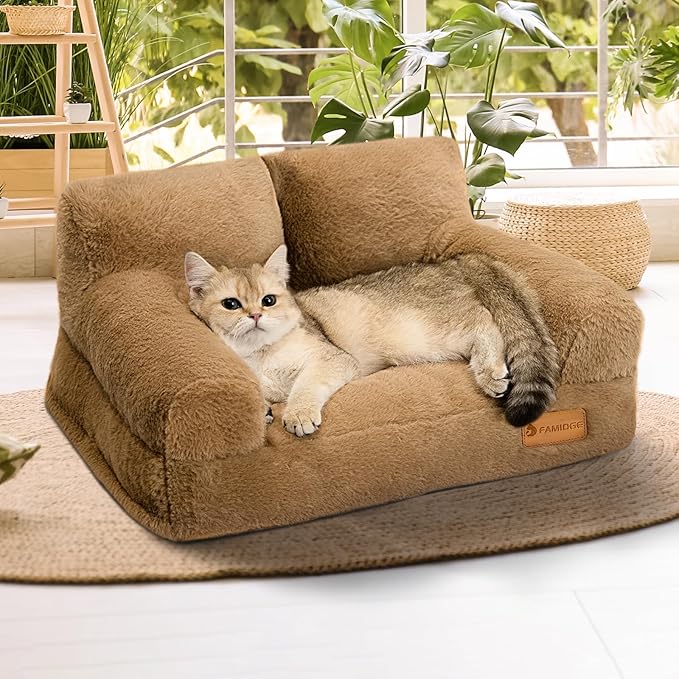 Cat Couch Bed - Cat Bed for Indoor Cats, Calming Pet Sofa Puppy Sleeping Bed with Removable Washable Cover, Cute Dog Couch and Kitty Lounge Chair for 12lbs Cats & Small Dogs(Brown)