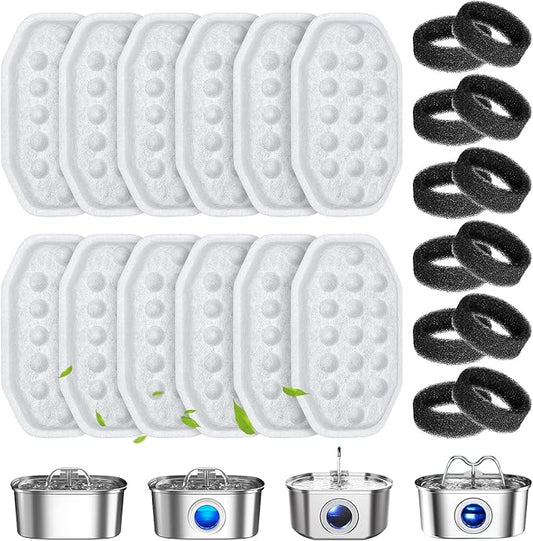 24 Pcs Cat Water Fountain Filters Replacement & Pre-Filter Sponges for 108oz/3.2 Stainless Steel Pet Water Fountain with Water Level Window