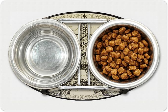 Lunarable Paris Pet Mat for Food and Water, Vintage Wall Sign with Paris Theme Famous Landmark Tourism Travel Destination, Non-Slip Rubber Mat for Dogs and Cats, 18" X 12", Beige and Black