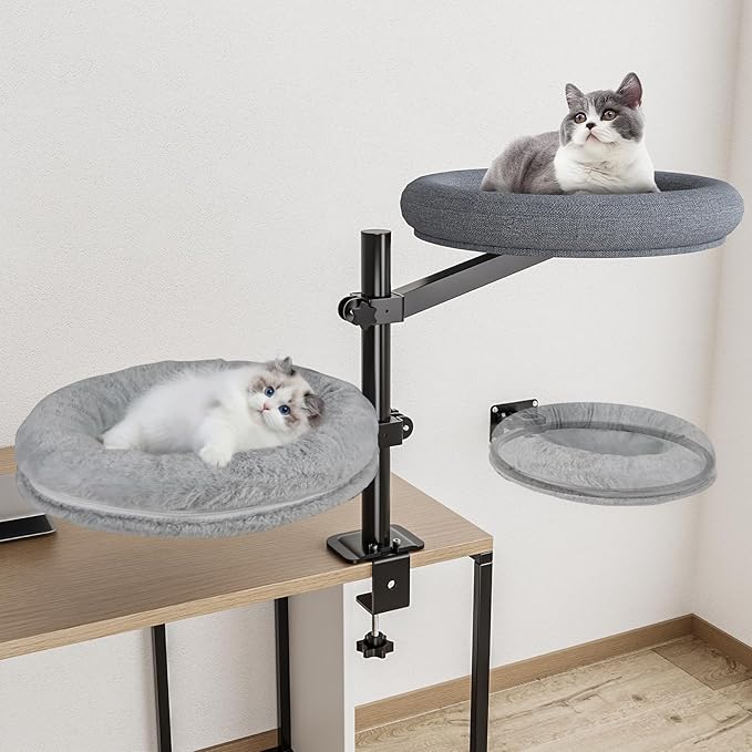 Double Cat Desk Bed, 360° Rotating Elevated Desk Cat Bed, Adjustable Raised Desk Kitten Bed Up to 80 LBS, Washable Soft Fabric Pet Desks Nest Beds, Cat Hammock Wall Mounted for Office and Game Tables