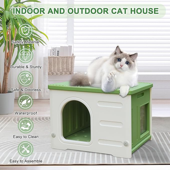 Plastic Cat House for Outdoor Indoor Use, Feral Cat Shelter Indoor Stackable Cat House Insulated Weatherproof Waterproof -Green