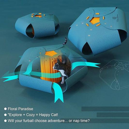 Spring Blossoms Cat Tunnel, Cat Cave for Indoor Cats Bed,Scratch Resistant Cat Toys for Medium Large Cats Hide and Seek Toy (Peacock Blue)