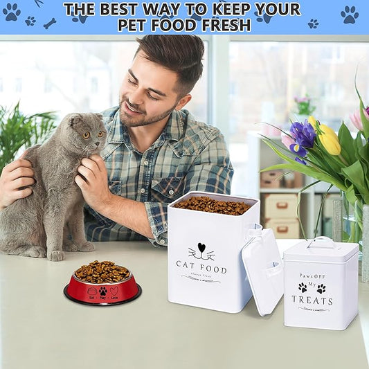 Meraki Home Farmhouse Cat Food and Treats Containers + Feed Scoop + Pet Food Bowl - Tight Lids - Large Metal Storage Bin - Great Gift for Cute Pets (Glossy White)