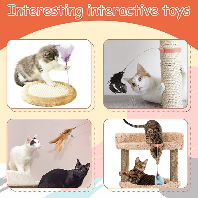 Sumind 6 Pcs Cat Collar Toy Attached with Feather Funny Interactive Cat Stick Wand Toys with Bell Adjustable Fun Kitten Teaser for Indoor Kittens and Small Animals Exercise Training