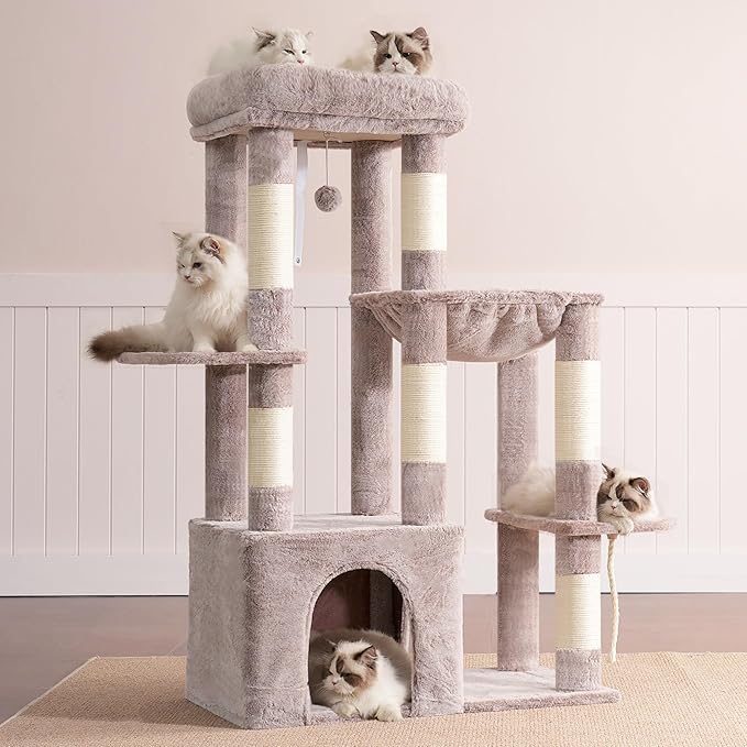Heybly Heavy Duty Cat Tree, Tower for Indoor Cats Large Adult, Tall Cat Condo House with Extra-Large Baseboard, Multi-Level Plush Furniture with Scratching Posts, Hammock, Toy Ball, Muchroom HCT026MU
