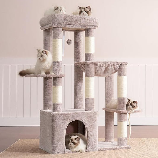 Heybly Heavy Duty Cat Tree, Tower for Indoor Cats Large Adult, Tall Cat Condo House with Extra-Large Baseboard, Multi-Level Plush Furniture with Scratching Posts, Hammock, Toy Ball, Muchroom HCT026MU