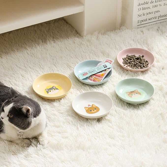 Ceramic Cat Bowls Set - 5.5 inch Cat Food Bowls Whisker Fatigue Friendly, 5 Wide Cats Plates for Wet Food Dry Food Water