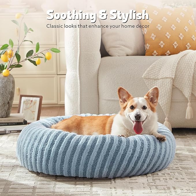 MIXJOY Donut Medium Dog Beds Medium Sized Dogs, Round Pet Beds with Removable Washable Cover, Faux Fur Cat Bed with Anti-Slip Bottom, 30"x30"x8", Blue