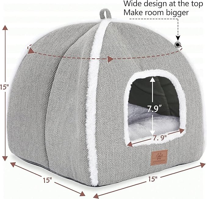 Cat Beds for Indoor Cats-Cat Bed Cave House Tent for Kittens and Small Pets with Washable Cushioned,Soft and Warm Indoor House, Grey, 15 inches