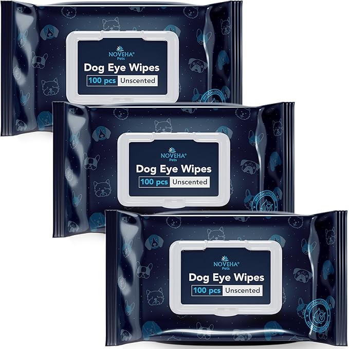 NOVEHA Dog Eye Wipes - Tear Stain Remover for Dogs - Formulated to Remove Eye Debris, Tear Stains & Eye Discharge - Plant Based, Safe, Convenient, and Large Unscented Wipes (100 Count x 3 Packages)