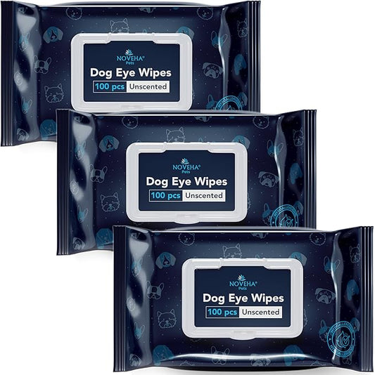 NOVEHA Dog Eye Wipes - Tear Stain Remover for Dogs - Formulated to Remove Eye Debris, Tear Stains & Eye Discharge - Plant Based, Safe, Convenient, and Large Unscented Wipes (100 Count x 3 Packages)
