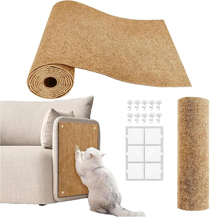 Cat Scratch Couch Furniture Protector, Adhesive Cat Scratch Pad Deterrent for Furniture, DIY Climbing Scratcher for Indoor Cats (Khaki, 39.3x15.8 in)
