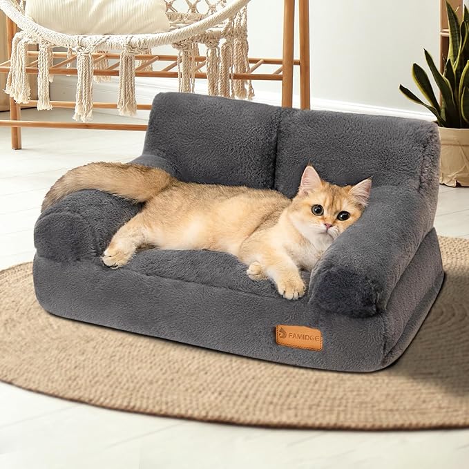 Cat Couch Bed - Cat Bed for Indoor Cats, Calming Pet Sofa Puppy Sleeping Bed with Removable Washable Cover, Cute Dog Couch and Kitty Lounge Chair for 12lbs Cats & Small Dogs(Dark Grey)