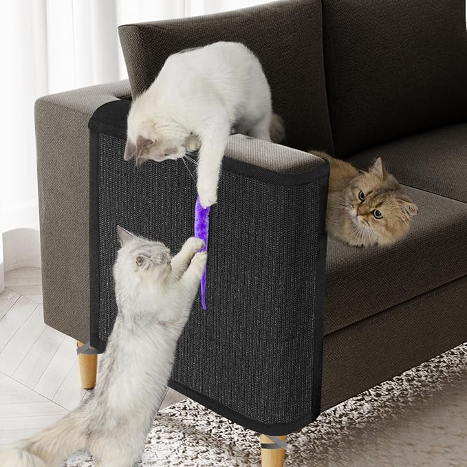 Cat Scratch Couch Protector,Cat Scratch Sofa Armest Cover with Sisal Mat and a Toy for Small Animals Indoor use 23.6’’L*19.7’’W (Black/Right Hand)