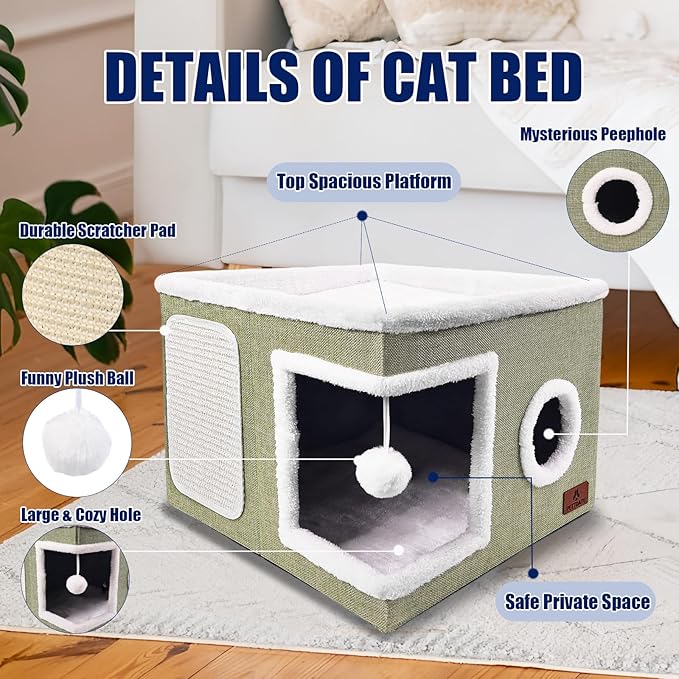 Cat Beds for Indoor Cats, Large Cat Cave Bed with Scratch Pad and Fluffy Ball, Foldable Cat Hideaway, Cat House with Reversible Cushion for Multi Small Pet Up to 30LBS, Green