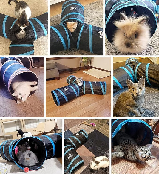 Pawaboo Cat Tunnel Tube - 3-Way Tunnels 25x53cm Extensible Collapsible Play Tent Interactive Toy Maze House Bed With Balls and Bells for Kitten Kitty Rabbit Small Animal, Blue