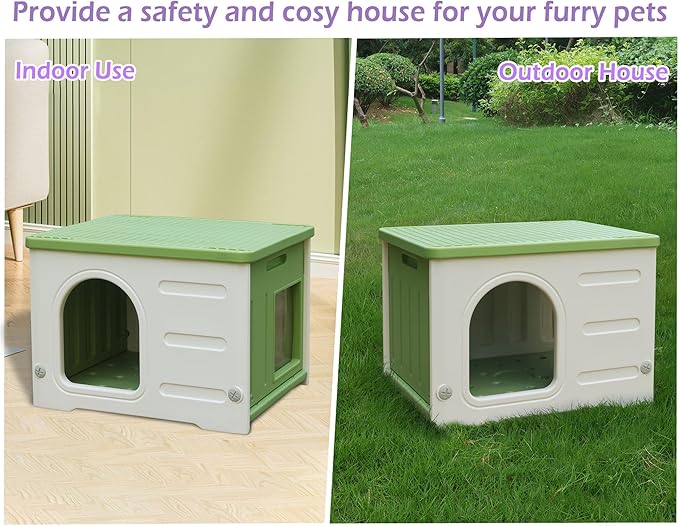 Deblue Plastic Cat House for Indoor & Outdoor, Waterproof Feral Cat House with Escape Door, Sturdy Pet Shelter for Cats, Puppy, Rabbit, Easy to Assemble and Clean-Green