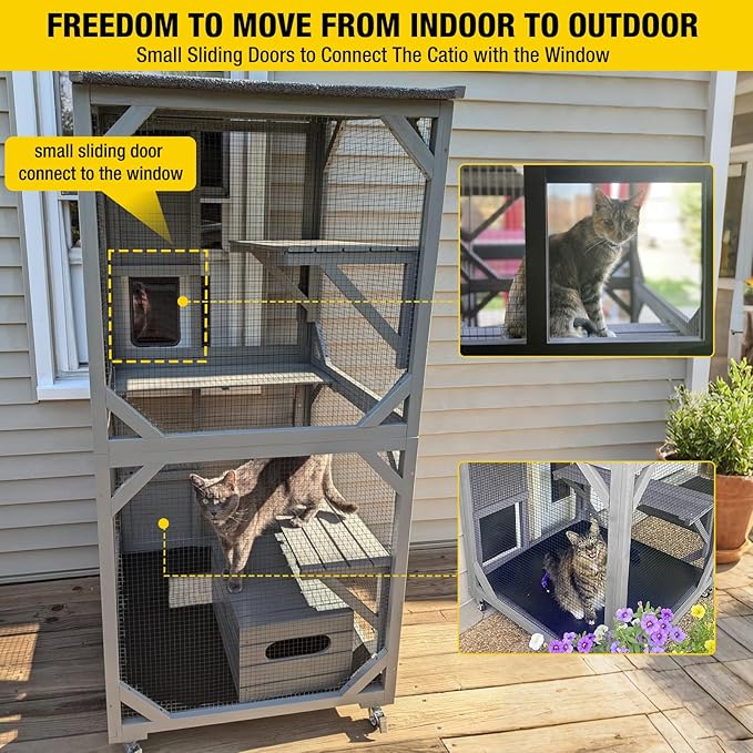 Aivituvin Cat House Outdoor Cat Catio Wooden Large Enclosure with Run on Wheels 70.9" Upgraded Version Catio with Reinforcement Strip,Waterproof Roof (Grey)