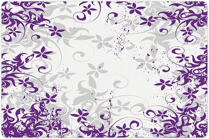 Lunarable Purple and White Pet Mat for Food and Water, Floral Blooms Grunge Violets Bouquet Violet Paintbrush Effects, Non-Slip Rubber Mat for Dogs and Cats, 18" X 12", Grey Purple
