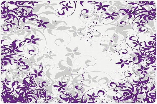 Lunarable Purple and White Pet Mat for Food and Water, Floral Blooms Grunge Violets Bouquet Violet Paintbrush Effects, Non-Slip Rubber Mat for Dogs and Cats, 18" X 12", Grey Purple