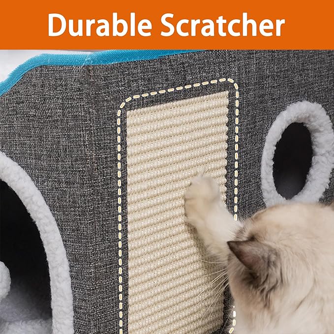Cat Houses for Indoor Cats - Large Cat Bed Cave with Scratch Pad and Fluffy Ball, Foldable Cat Condo Hideaway with Reversible Cushion for Multi Small Pet, Light Grey