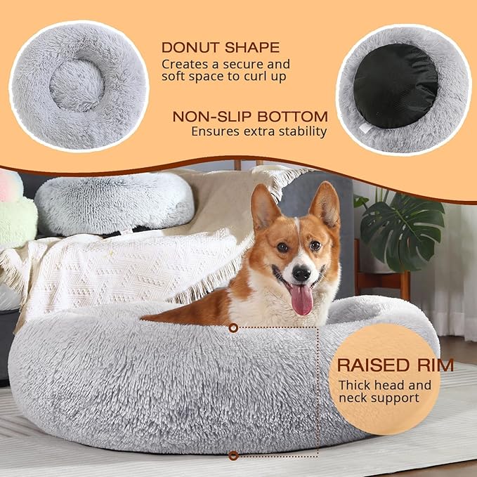 JOLLYVOGUE Dog & Cat Bed, Calming Anti-Anxiety Pet Bed for Small Dogs, Fluffy Donut Cushion for Small and Medium Pets (20")
