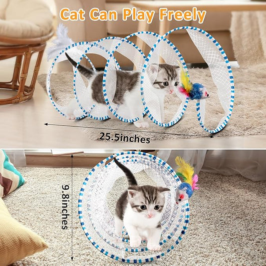 2-Piece Spiral Cat Tubes for Indoor Cats, Large Collapsible Tunnel with Feather Mouse Interactive Toy (Green + Blue & White)