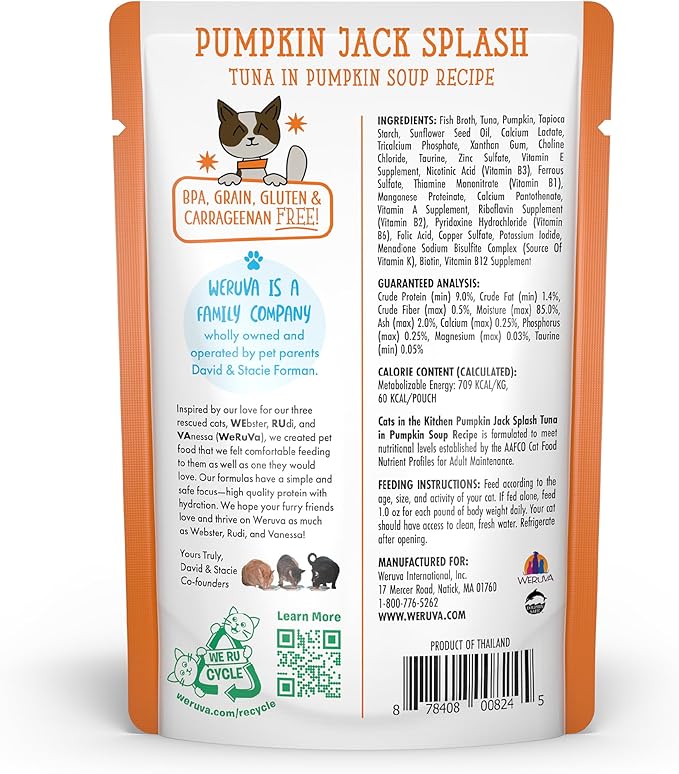 Weruva Cats in The Kitchen, Pumpkin Jack Splash with Tuna in Pumpkin Soup Cat Food, 3oz Pouch (Pack of 12)