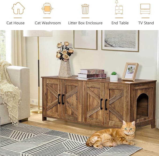 Homhedy Cat Litter Box Enclosure for 2 Cats, Wooden Pet Washroom Furniture with Double Room, Cat House, 47.2”L x 19.7”W x 19.7”H, Rustic Walnut