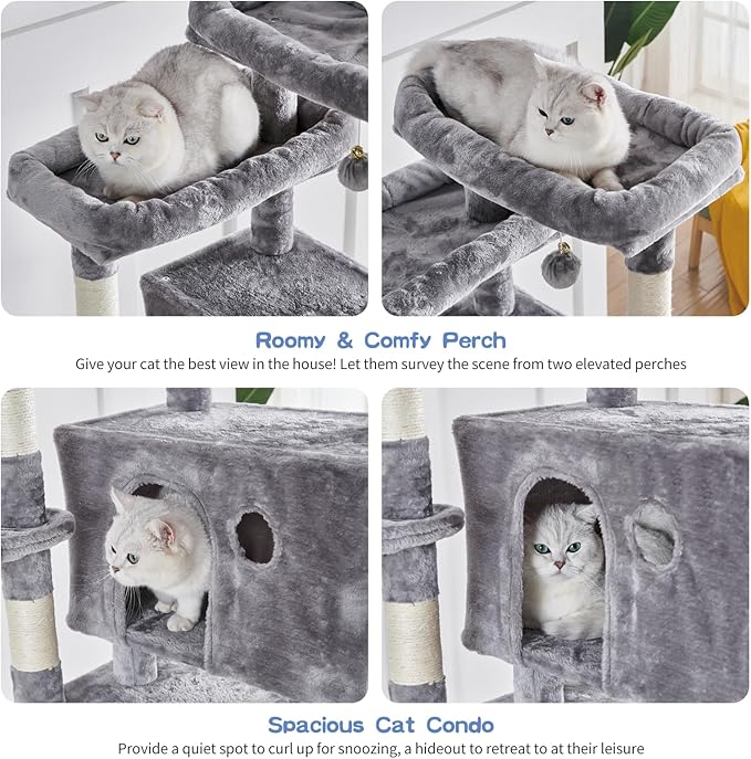 Cat Tree for Indoor Cats Large Adult, 66.9 Inches Multi-Level Tall Cat Tower with Sisal Scratching Posts, Large Plush Perches, Spacious Condos, Baskets, Hammock & Scraping Ladder (Light Gray)
