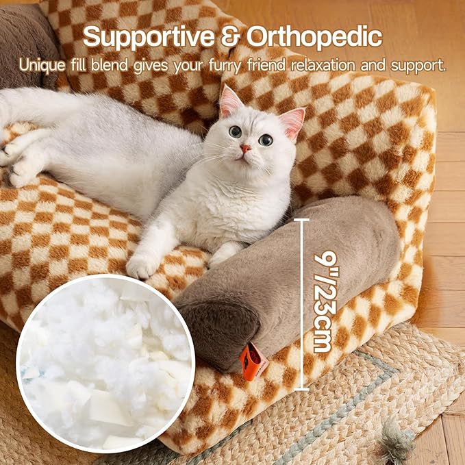 MEWOOFUN Cat Bed for Indoor Cats, Washable Dog Beds for Small Medium Dogs & Cats, Fluffy Cat Couch with Non-Slip Bottom, 26×19×13 Inch (Brown, 26.0" L x 19.0" W x 13.0" Th)