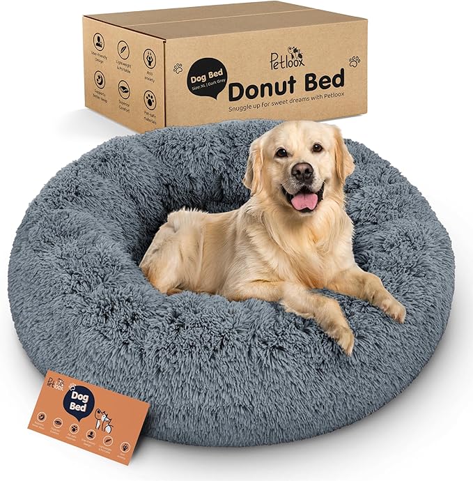 Donut Dog Bed - Premium Comfort for Anxiety Relief - Fluffy & Calming Design with Ultra-Plush Support | Cozy Round Dog Bed with Super Soft Circle Style (Size XL Dark Grey)
