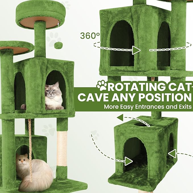 58.5inch Large Cat Tree Tower Condo for Indoor Cats, Soft Plush Multi-Level Climbing Tree Cat House with 1 360° Rotating Cat Cave, Scratching Post, More Entrance/Exit, Sisal Rope, Green