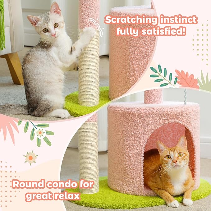 PAWZ Road Flower Cat Tree Pink 32” Small Cat Tower Cat Scratching Post with Curved Perch, Cozy Cats Condo Removable Flower Bed for Kittens and Small Cats-Pink