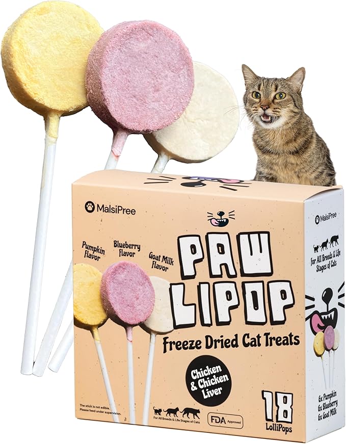 MalsiPree Cat Treats Freeze-Dried Chicken Lollipops - 18 Pack, 5.5 Cal Each - High-Protein Nutrient Rich Healthy Snacks - Interactive Cat Toy & Food Toppers