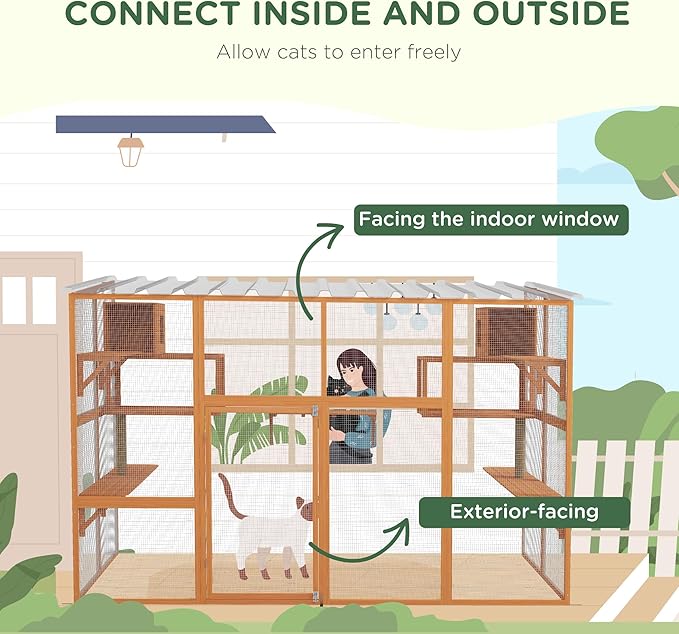 PawHut Catio, Outdoor Cat Enclosure Window Box, Wooden Cat House Playground with Scratching Posts, Weather Protection Roof for 1-5 Kitties, Resting Boxes, 118" x 55" x 75.5", Orange