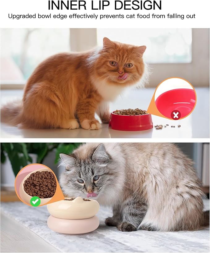 Cat Bowl, Ceramic Cat Bowls Food and Water Bowl Set, Whisker Friendly Cute Kitten Food Bowls for Protecting Pet's Spine, Yellow & Pink