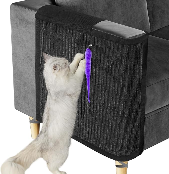 Cat Scratch Couch Protector,Cat Scratch Sofa Armest Cover with Sisal Mat and a Toy for Small Animals Indoor use 23.6’’L*19.7’’W (Black/Right Hand)