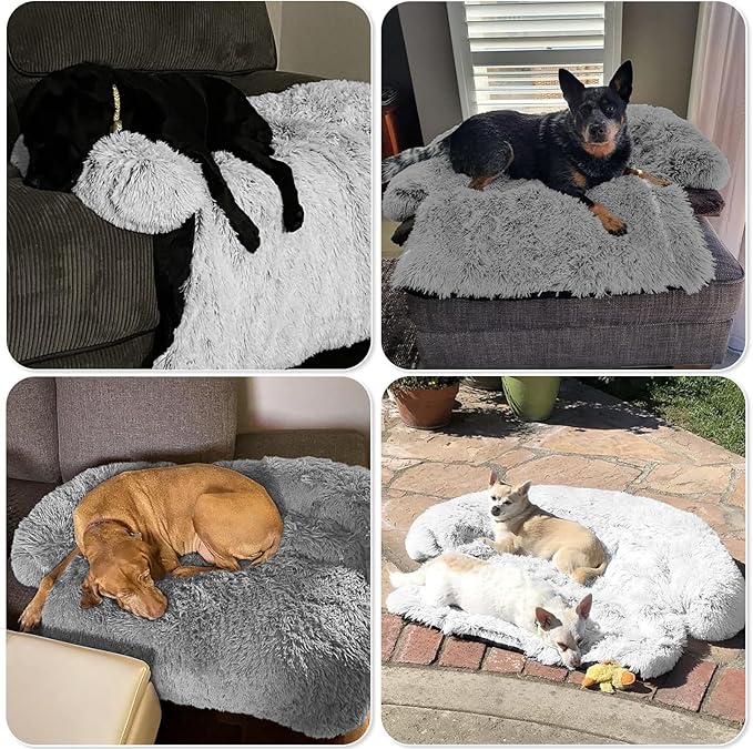 GGIB Calming Dog Bed Fluffy Plush Dog Mat for Furniture Protector with Removable Washable Cover for Large Medium Small Dogs and Cats (Large, Grey)