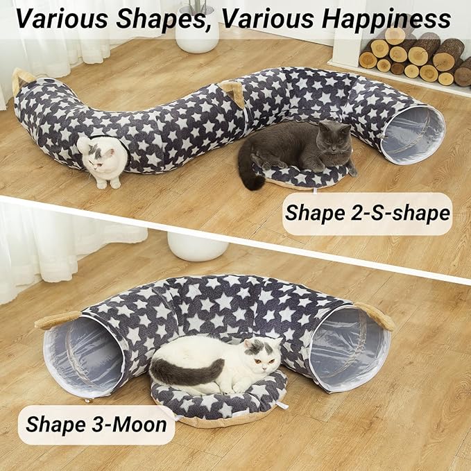 LUCKITTY Large Cat Tunnel Bed with Plush Cover,Fluffy Toy Balls, Small Cushion and Flexible Design- 10 inch Diameter, 3 ft Length- Great for Cats, and Small Dogs, Gray Star Pattern