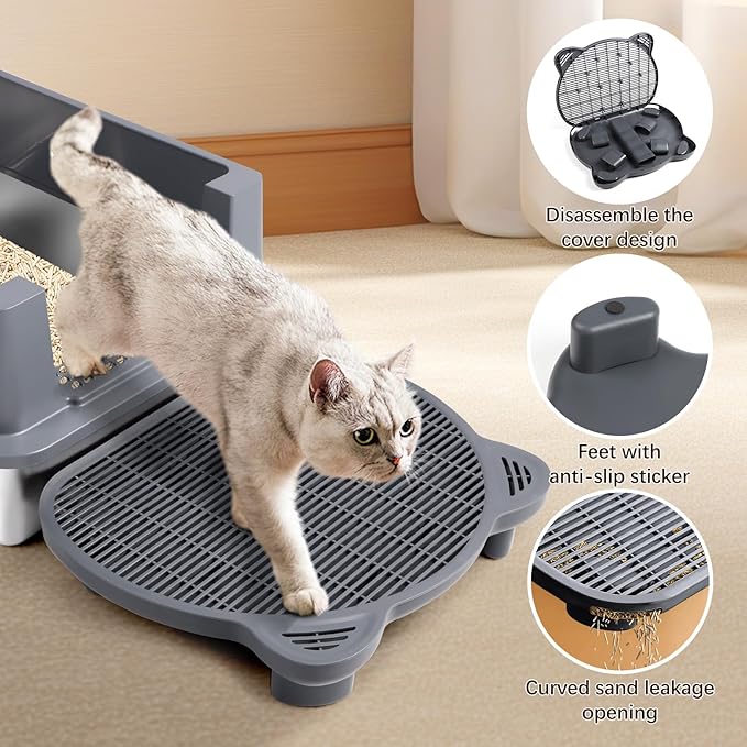 Adjustable Cat Ramp Litter Box Step Double Layer with Filter Function, Elevated Litter Box Ramp for Senior Cats Easy Cleaning Cat Litter Tray for Floor Indoor (Dark Grey)
