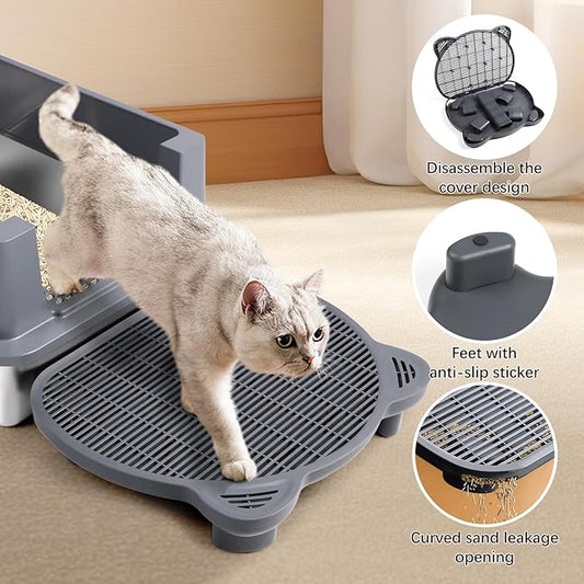 Adjustable Cat Ramp Litter Box Step Double Layer with Filter Function, Elevated Litter Box Ramp for Senior Cats Easy Cleaning Cat Litter Tray for Floor Indoor (Dark Grey)