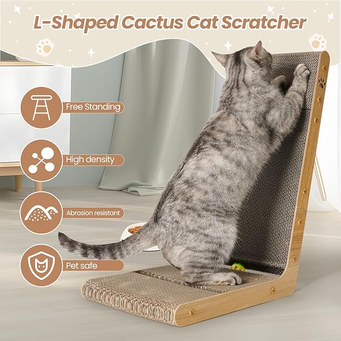 2-Pack Cardboard Cat Scratcher, 105° Tilt Angle Cat Scratching Board, 23.60 Inch L-Shape Cat Scratch Pads with Built-in Catnip Toy Balls, Cat Scratchers for Indoor Cats