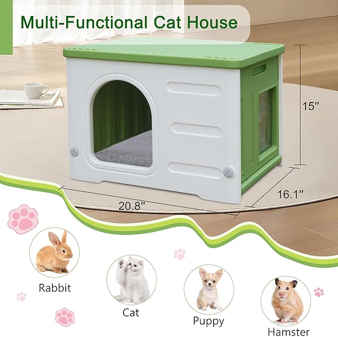 Plastic Cat House Outdoor & Indoor, Waterproof Feral Cat Houses with Escape Door, Sturdy Outdoor Cat House with Bed Mat, Outside Cat Shelter for Small Pet, Assemble and Clean Easily-Green