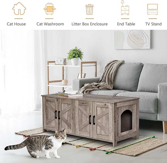 Homhedy Cat Litter Box Enclosure for 2 Cats, Litter Box Furniture Hidden with Double Room,Wooden Cat Washroom Furniture,Cat House,47.2”L x 19.7”W x 19.7”H,Greige