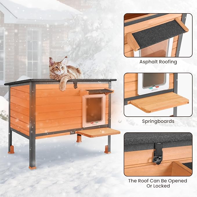 Insulated cat House Outdoor Weatherproof for Winter, Feral Cat Shelter with Insulated Liner, All Round Metal Frame Wooden Condos, Indoor and Outdoor Use for Cat, Rabbit and Small Animal