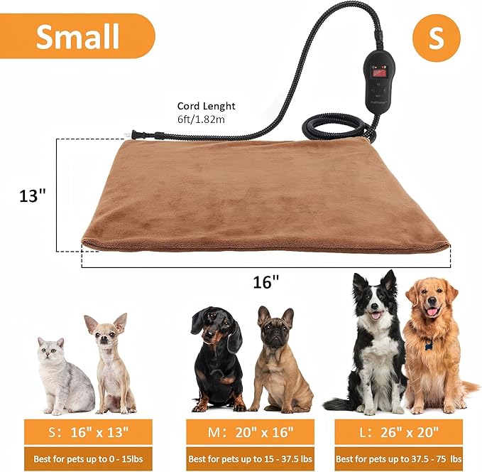 Pet Heating Pad for Cats and Dogs, Comfortable Heated Pet Bed, Waterproof Heated Pet Mat with 5 Adjustable Heat Levels, Timer & Auto Power-Off, Chew Resistant Cord, 16'' x 13''