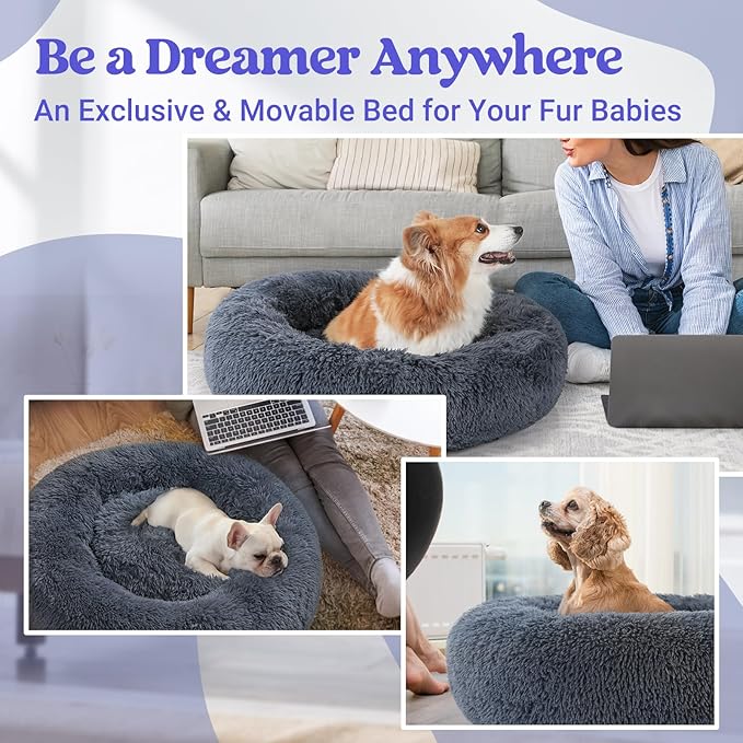 rabbitgoo Calming Dog Bed for Small Medium, 30 inches Pet Bed Machine Washable, Non-Slip Round Fluffy Plush Faux Fur Large Cat Cushion, Soft Donut Cuddler Cushion for Small Dogs, Dark Grey